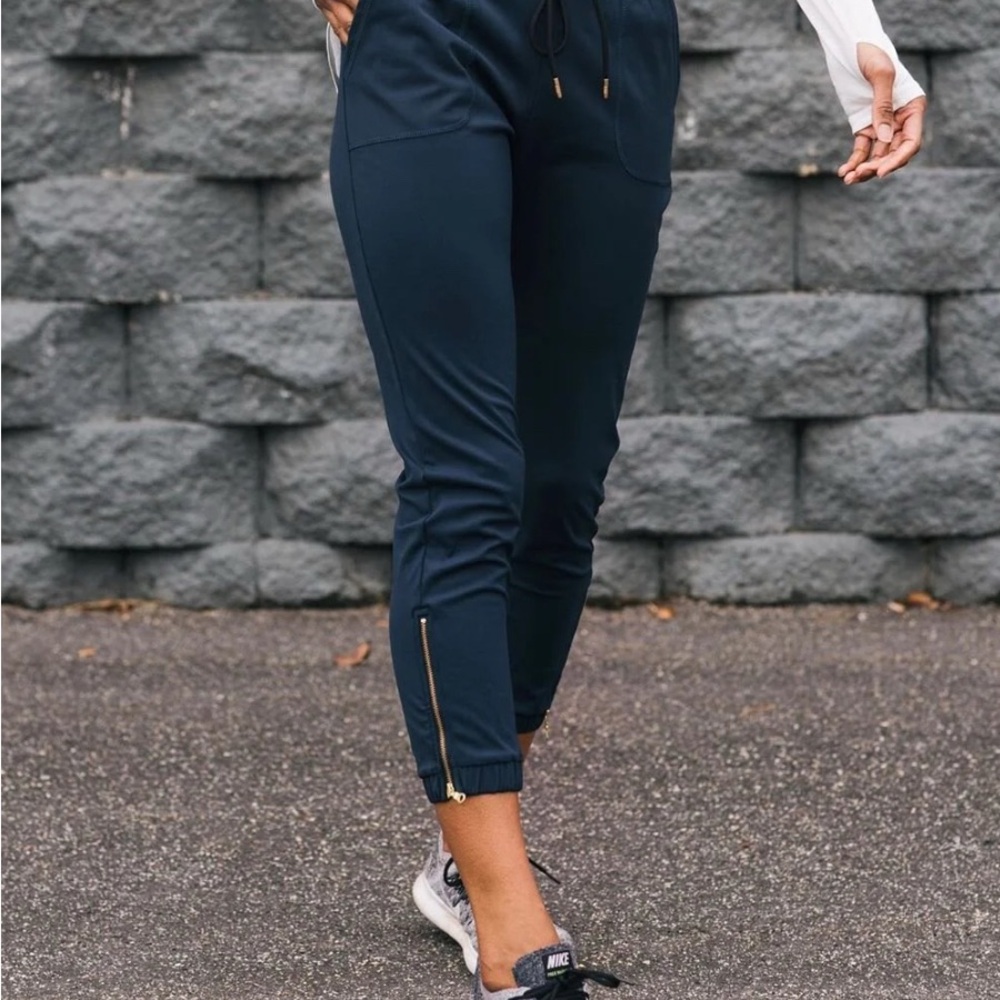 ZYIA Peak Navy Joggers with Gold Zipper Detail